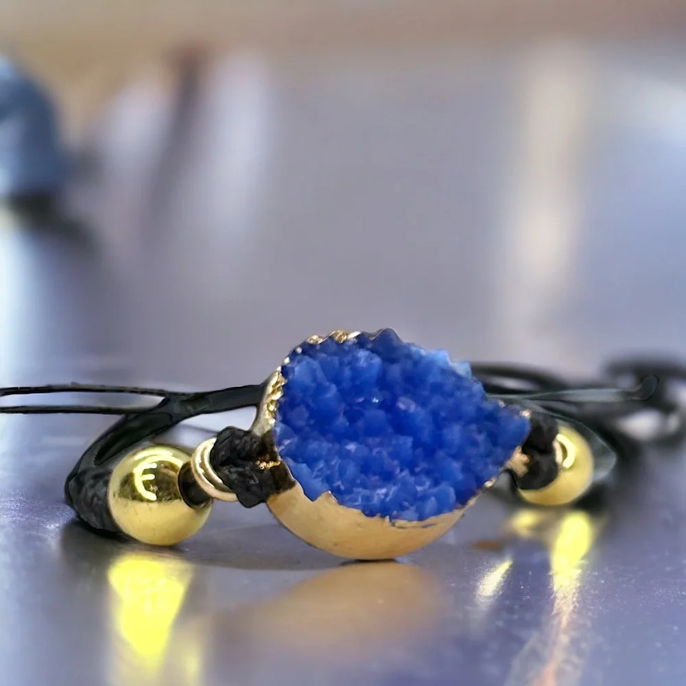 Chic NWOT Black Leather Adjustable Bracelet with Dazzling Gold & Blue Charm